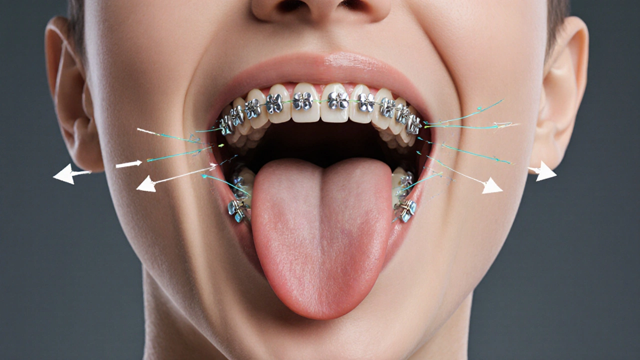 ANATOMICKÝ NÁČRT JAZYKA A ZUBŮ S ROVNÁTKY, UKAZUJÍCÍ PŘESNÝ POHYB PŘI MLUVENÍ