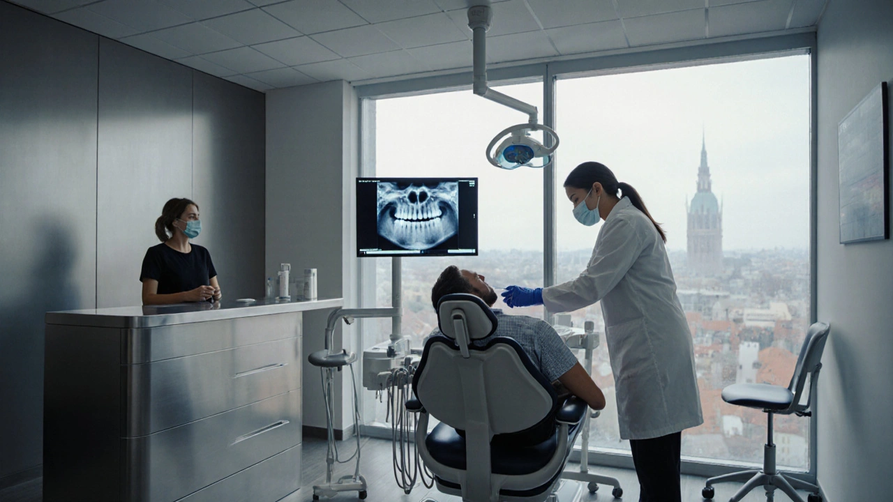 Dentální pohotovostní klinika: lékař ošetřuje pacienta, digitální rentgen v pozadí.
