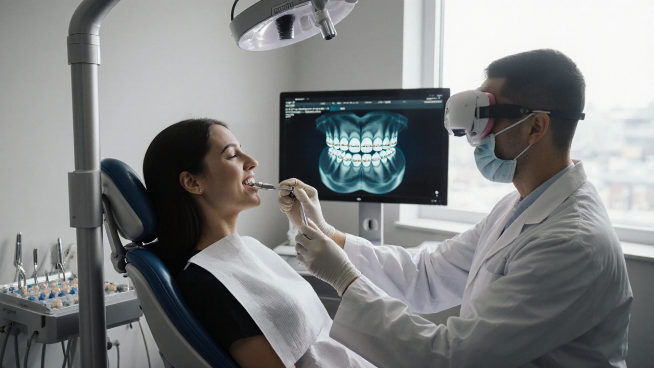 Dentista upravuje keramické rovnáky v moderní ordinaci.