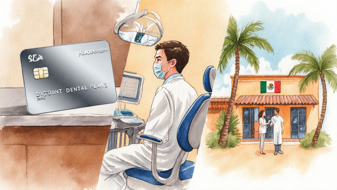 Ilustrace ukazuje studentku dentisty, slevovou kartu a tropickou kliniku jako úsporné možnosti.