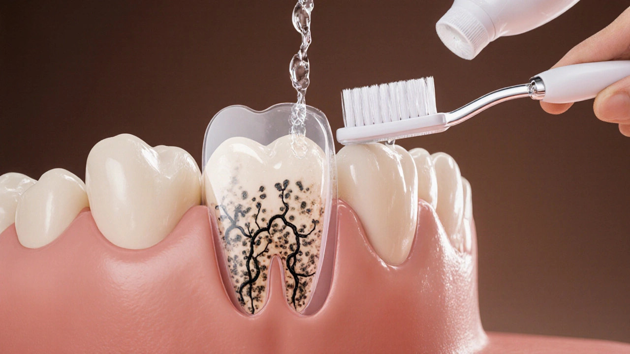 Keramická fazeta jako štít nad zubem s viditelnými bakteriemi pod ní a čistícím proudem vody.