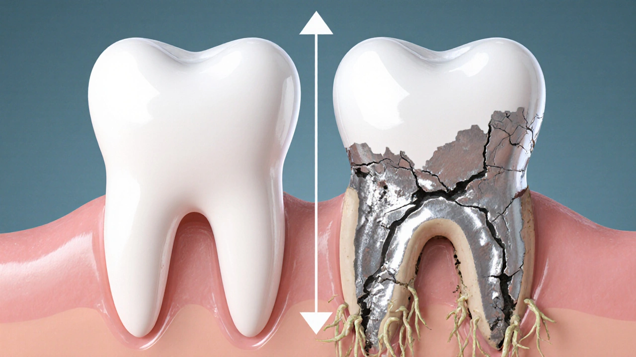 Moderní sklovina proti zastaralému amalgámu – odolná plomba vs. poškozený zub.