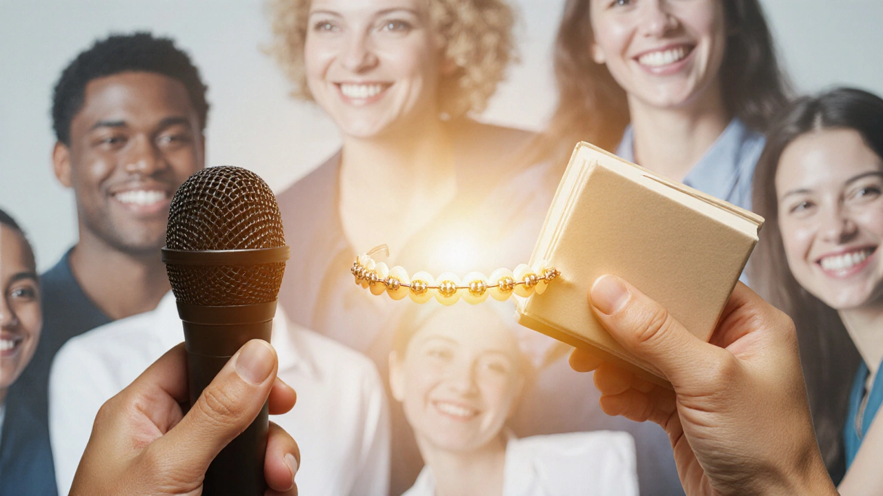 ODEBRANÁ ROVNÁTKA V RUKÁCH S MIKROFONEM A KNIHOU, SYMBOLIZUJÍCÍ PŘECHOD K JASNĚJŠÍ ŘEČI