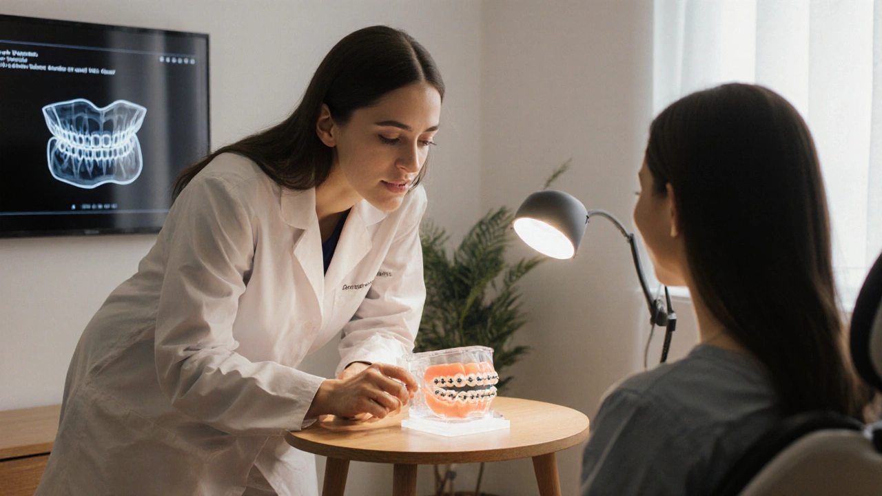 Ortodonta představuje keramické rovnáky na modelu úst.