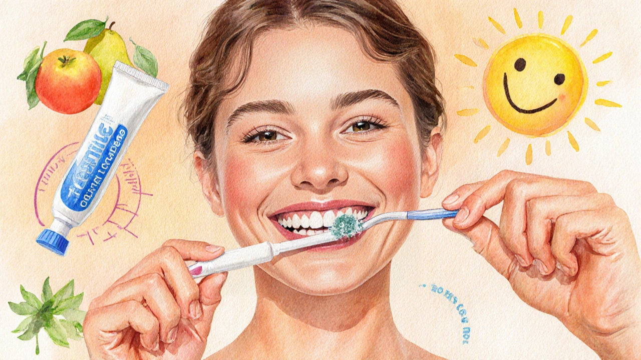Osoba používá mezizubní kartáček a usmívá se k čistým předním zubům.