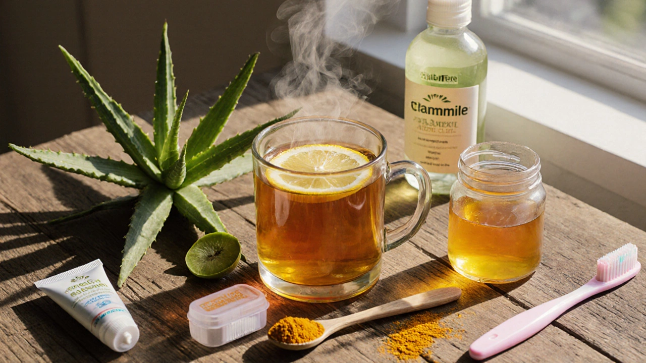 Ploché uspořádání čaje z heřmánku, aloe vera gelu, medu s kurkumou a ústní vody.