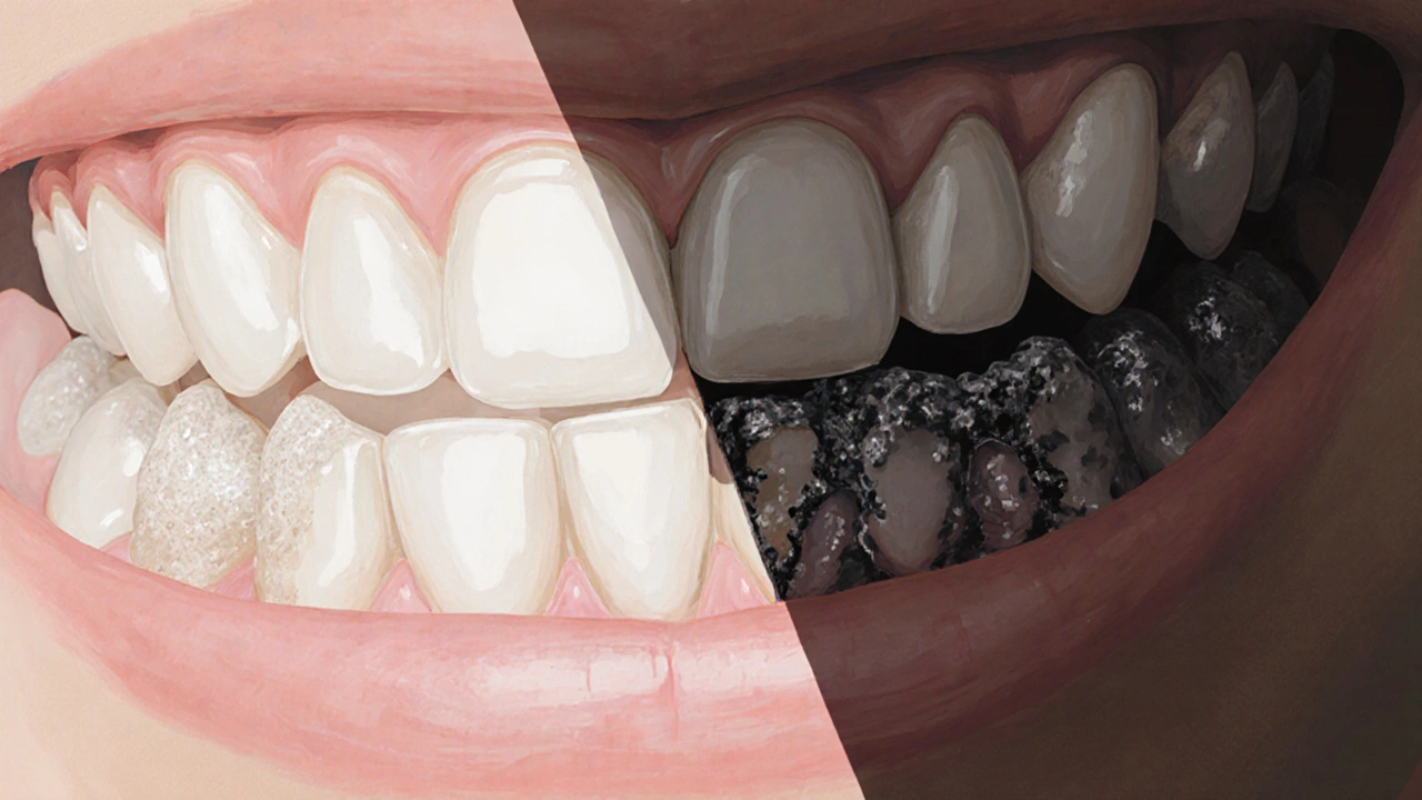 Porovnání zdravé a poškozené fazety s náležitostmi plaku a odstupujících dásní.