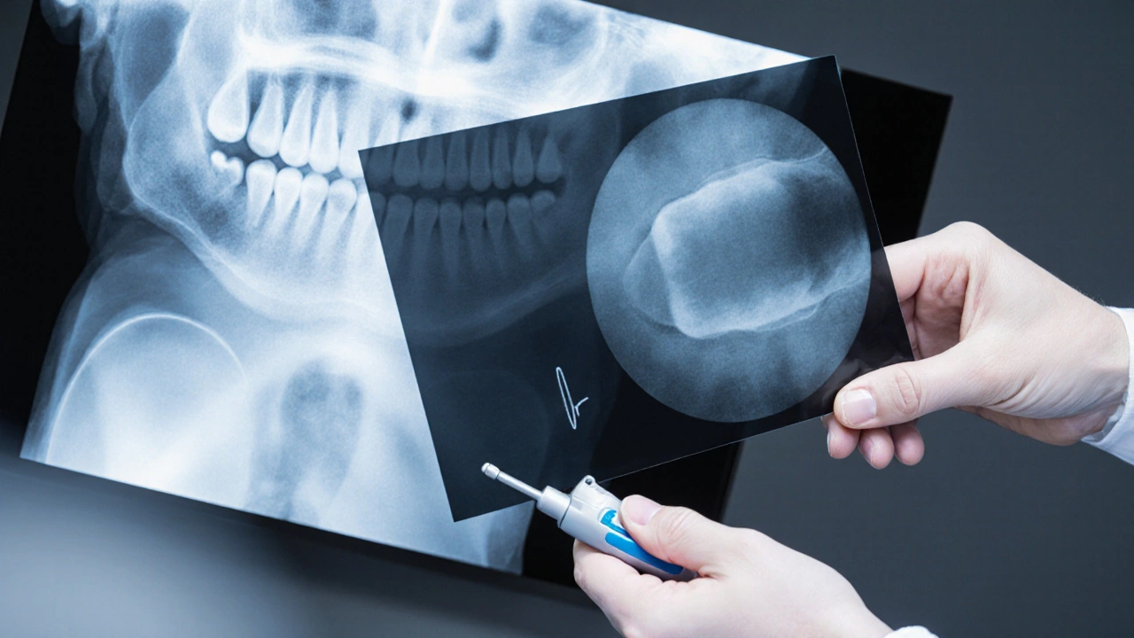 Rentgenová snímka ukazující ztrátu kostní hmoty okolo kořene a pulp tester.