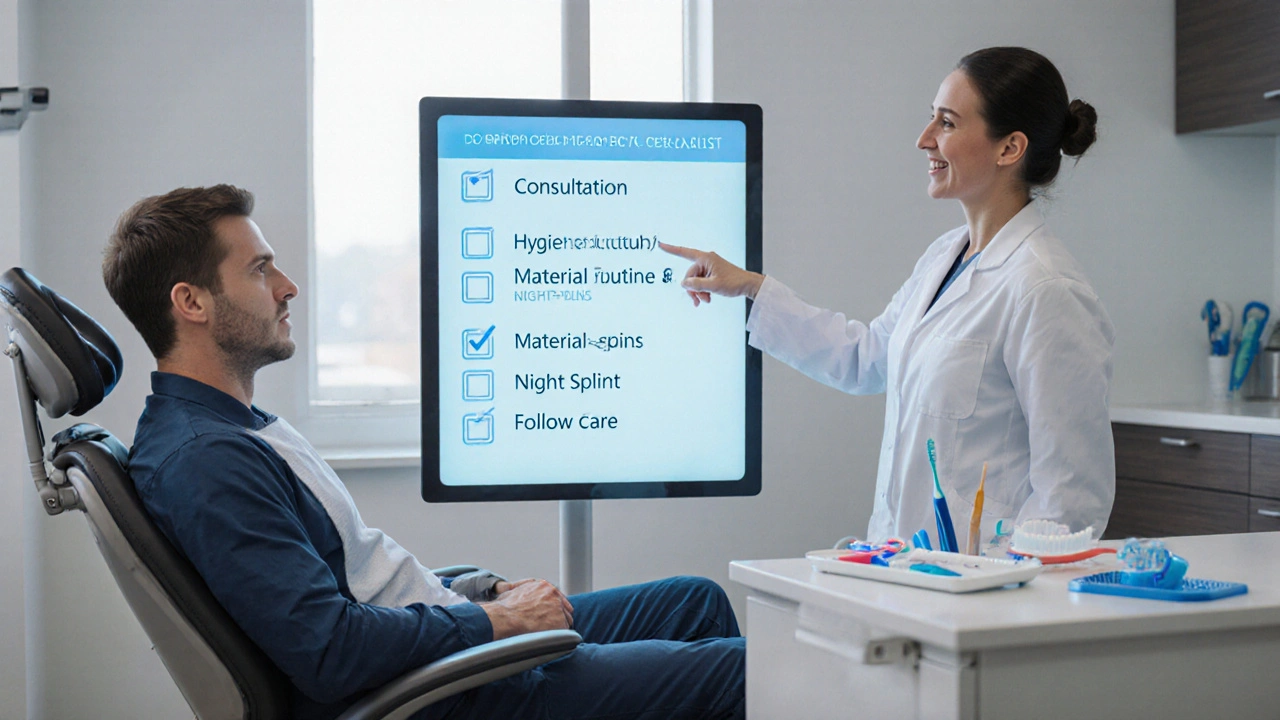 Scéna v zubní klinice s pacientem, zubařem a checklistem preventivní péče.
