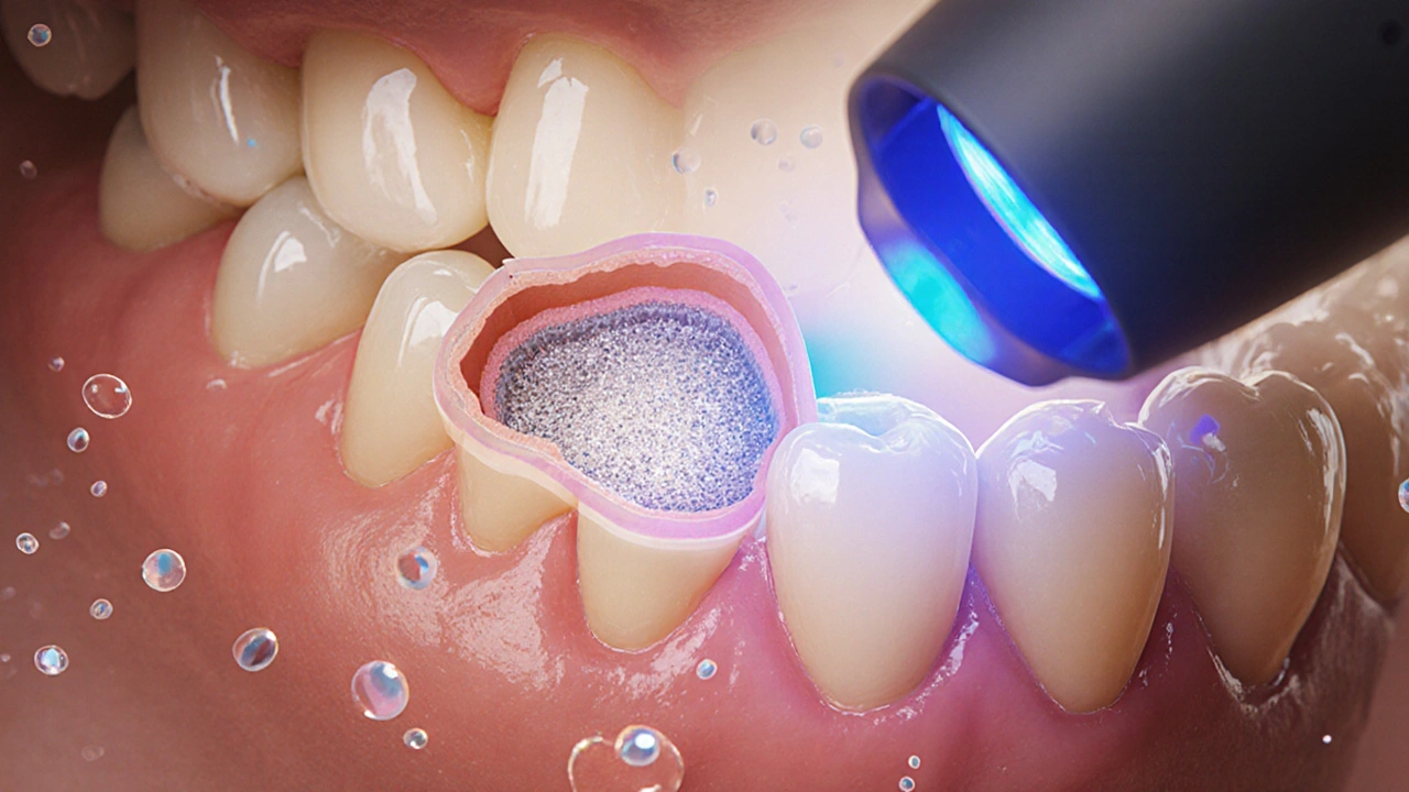 Zubař používá modré světlo k ztvrdnutí kompozitní plomby v zubu.