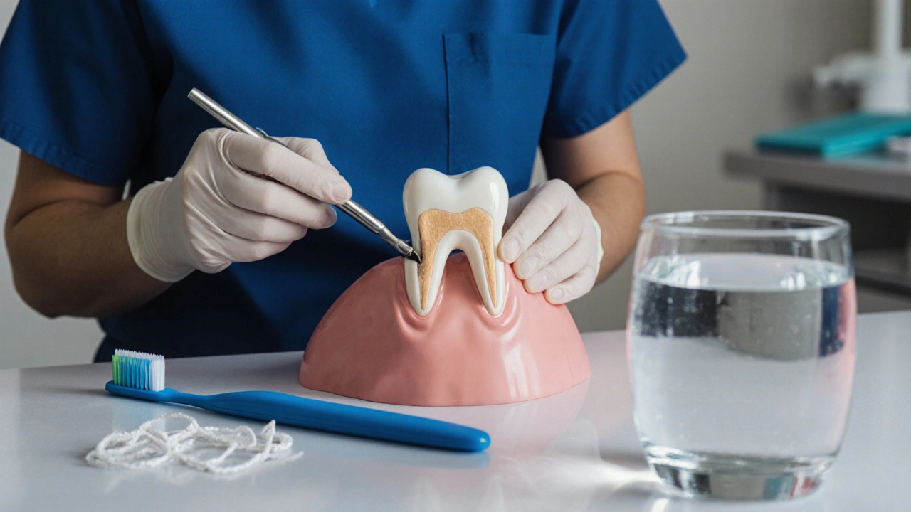 Zubař provádí ošetrení kořenového kanálku, v popředí zubní hygiena.