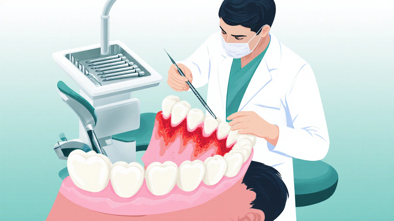 Zubní lékař kontroluje zánětlivé dásně pacienta pomocí dentální sondy.