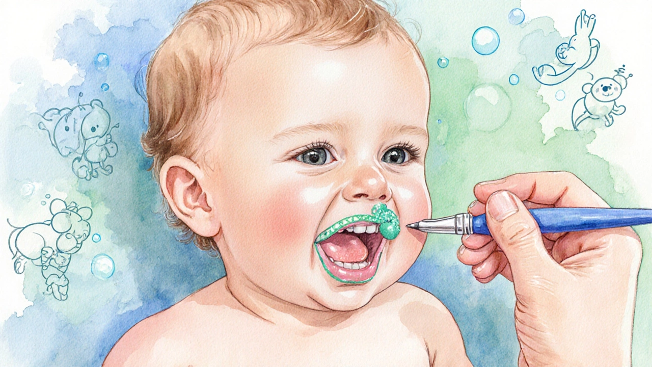 Zubní lékař nanáší fluorid na zuby ročního dítěte v klidné atmosféře.