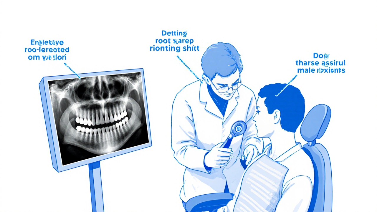 Zubní lékař provádí vyšetření a ultrazvukové čištění předních zubů s rentgenovým snímkem.