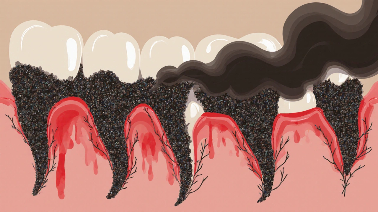 Bakteriální plak se mění v tvrdý zubní kámen pod dásní, ničí kost a způsobuje zánět.