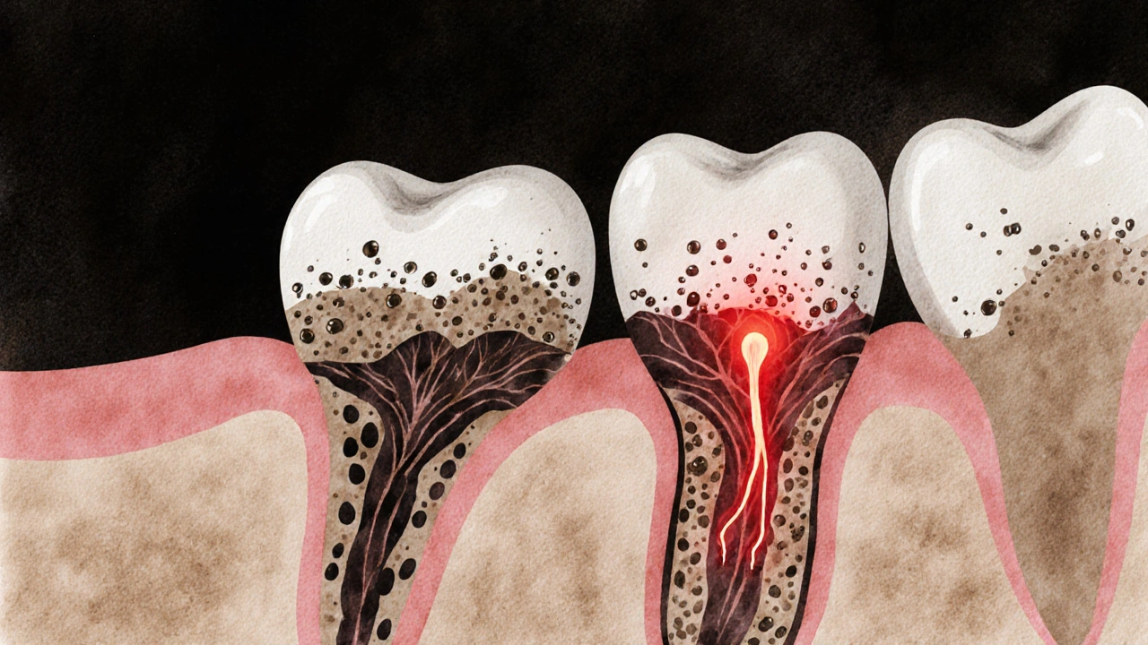 Bakterie v plaku vyrábějí kyselinu, která pomalu ničí zubní sklovinu.