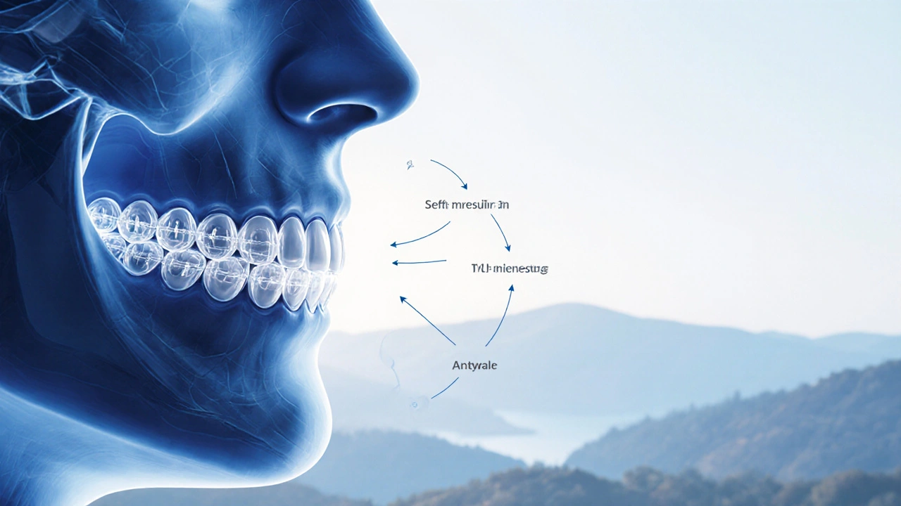 Boční pohled čelisti s průhlednými rovnátky, které postupně zarovnávají zuby.