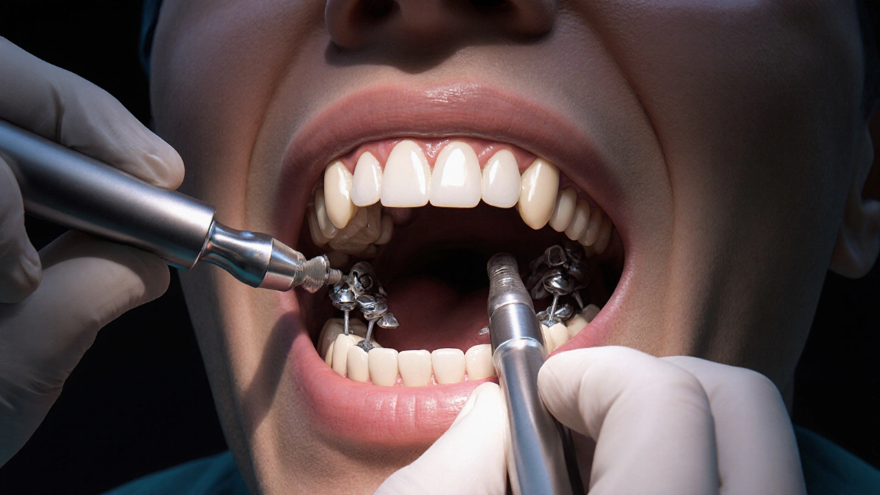 Chirurg přesouvá čelistní kosti pomocí mikrošroubků v ústech pacienta pod chirurgickým osvětlením.