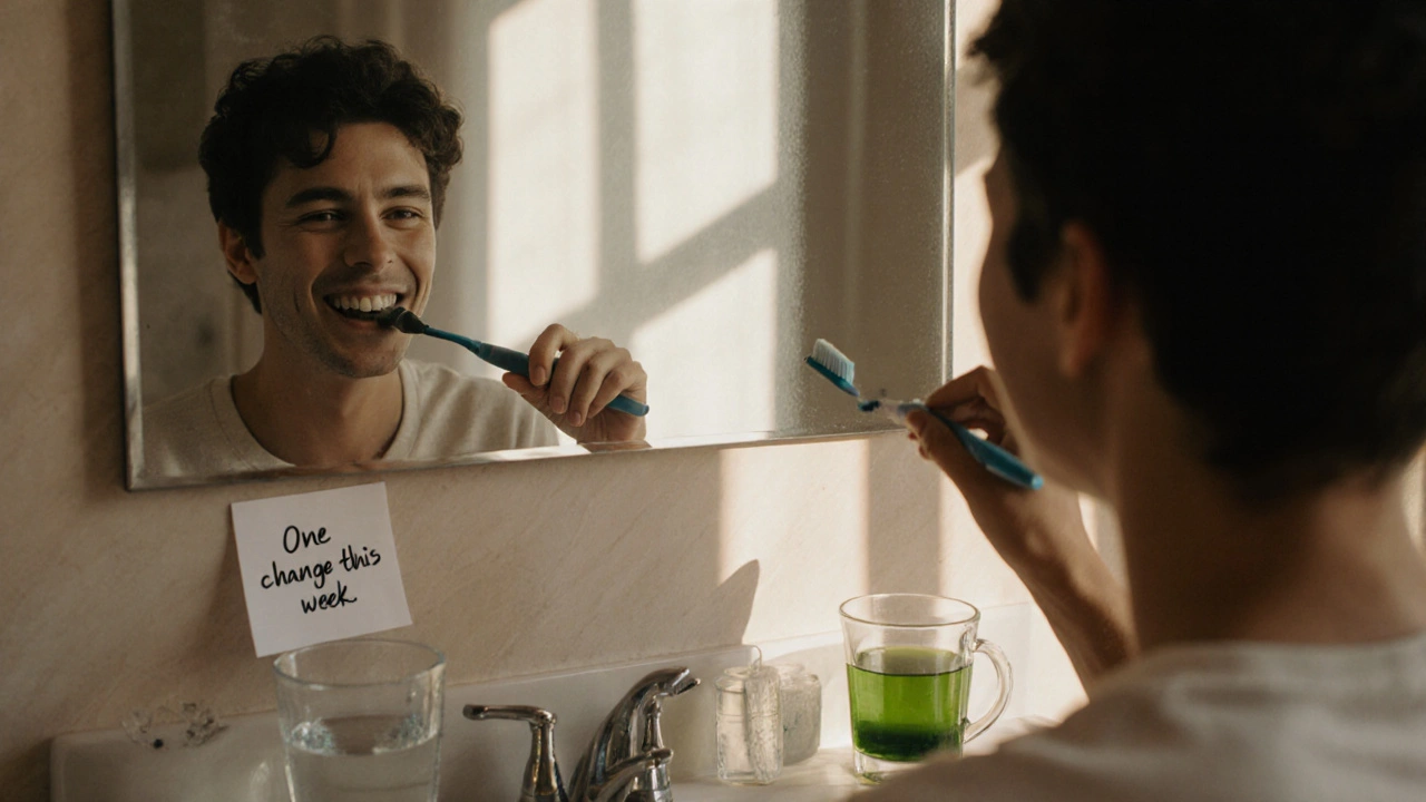 Člověk čistí zuby s nápisem na zrcadle, voda, zelený čaj a zubní nit