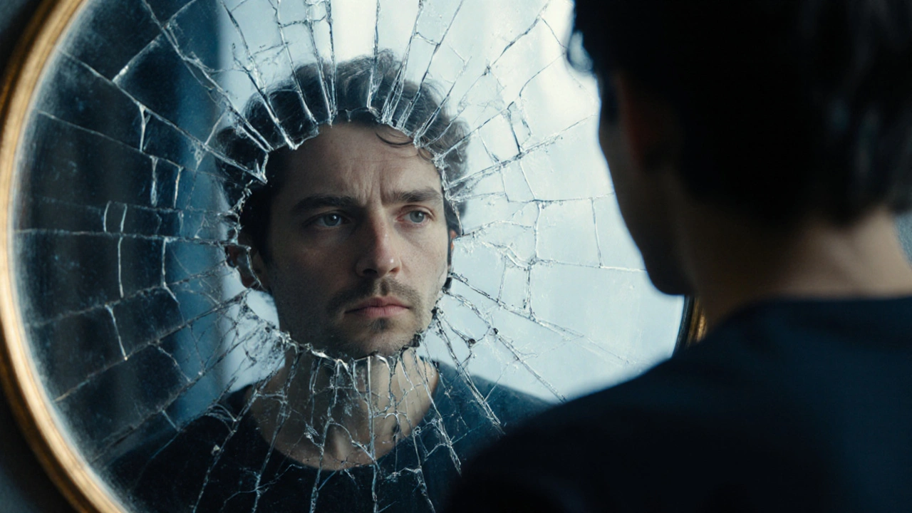 Člověk se dívá do zrcadla, kde jeho odražený obličej je symetrický a klidný, zatímco původní obraz je zkreslený.