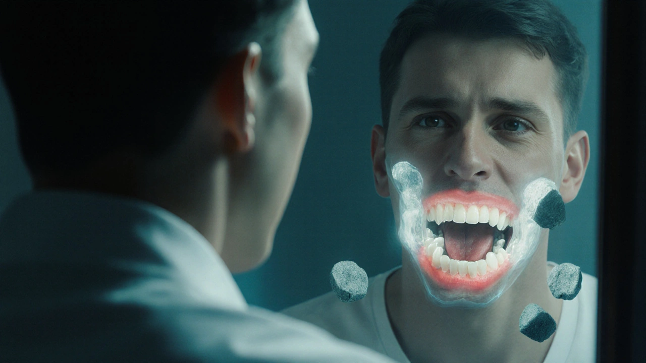 Člověk si v zrcadle všimne skrytého poškození dásní a kosti způsobeného zubním kamenem.