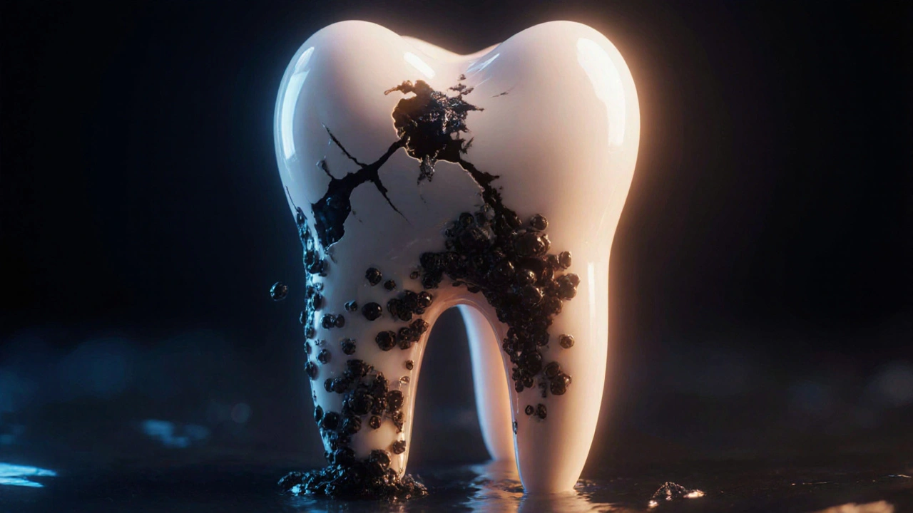 Cracked tooth filling spreading decay, contrasted with a glowing new restoration.