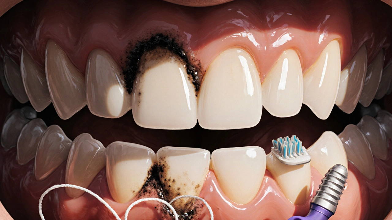 Dental bridge with plaque buildup underneath and misaligned adjacent teeth showing early decay.