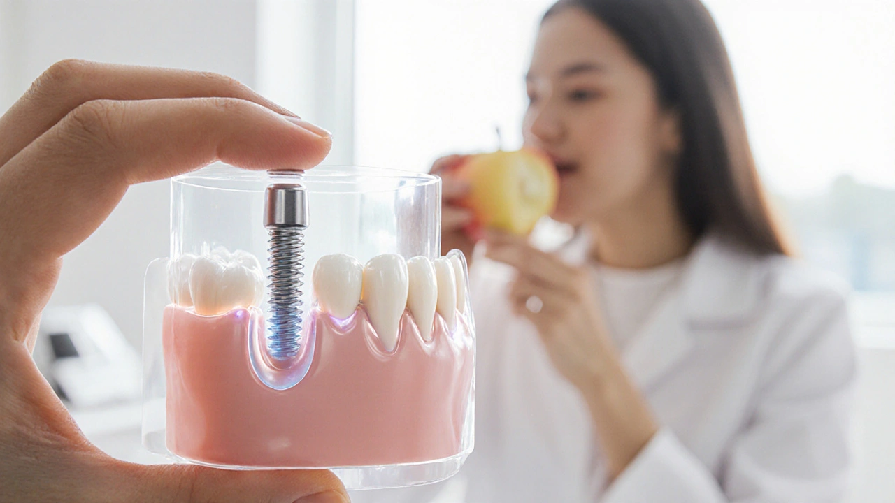 Dental implant vložený do čelisti, s transparentním znázorněním regenerace kosti.