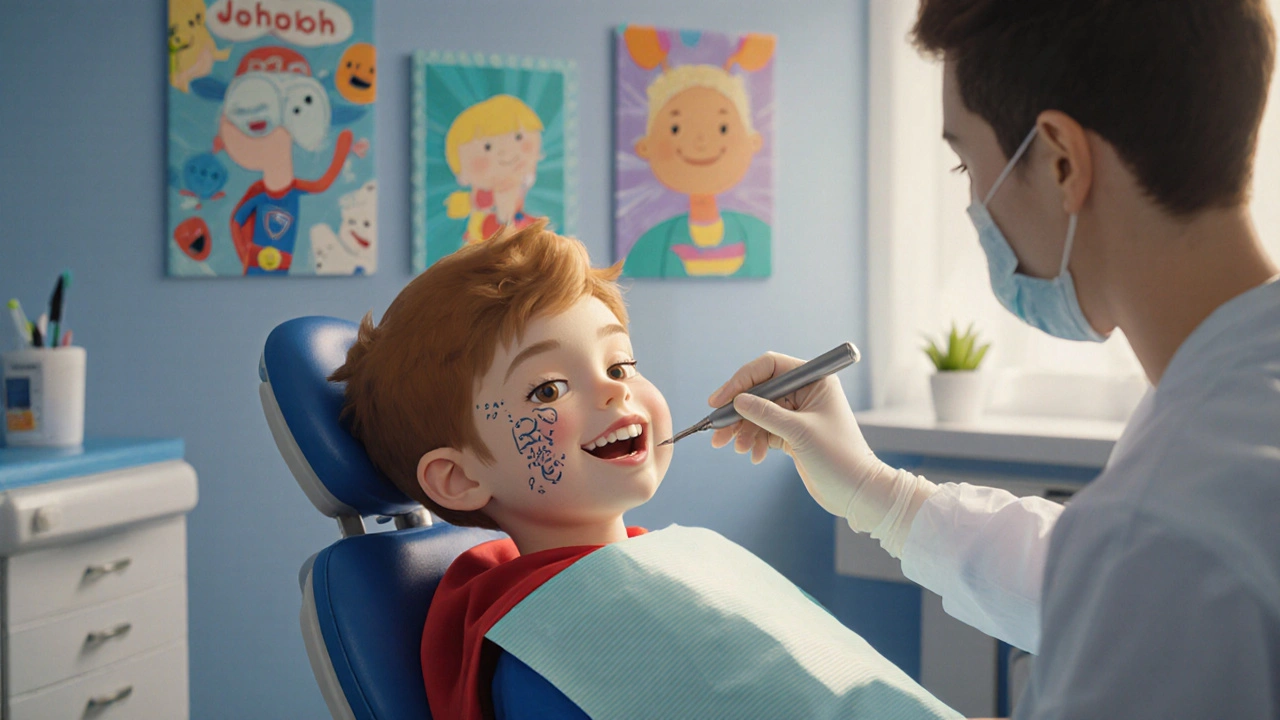 Dětský zubař odstraňuje zubní kámen pomocí ultrazvukového přístroje v pohodlné klinice.