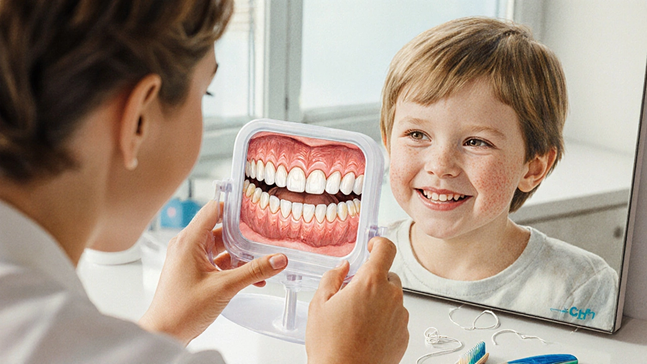 Dítě používá plastové dentální zrcátko pod dohledem dospělého.