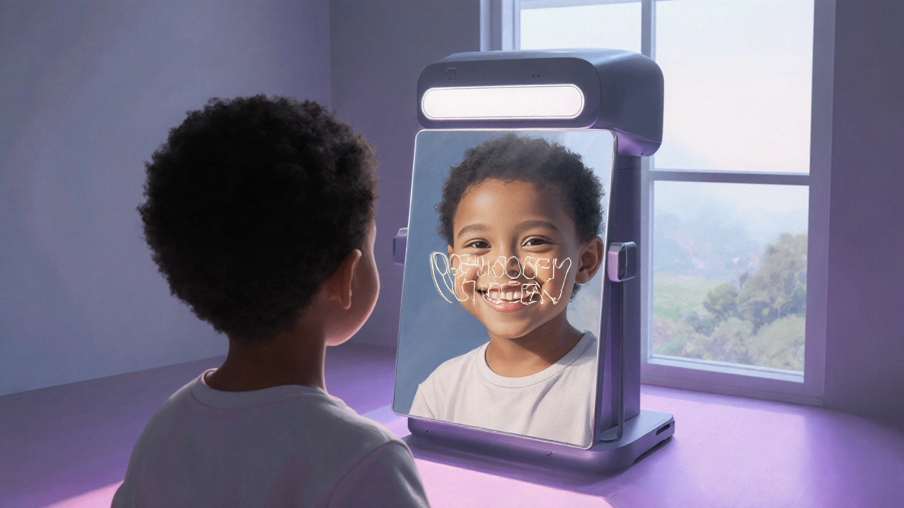 Dítě se dívá do zrcadla, kde vidí svou budoucí přímou úsměv jako průhledný návrh.