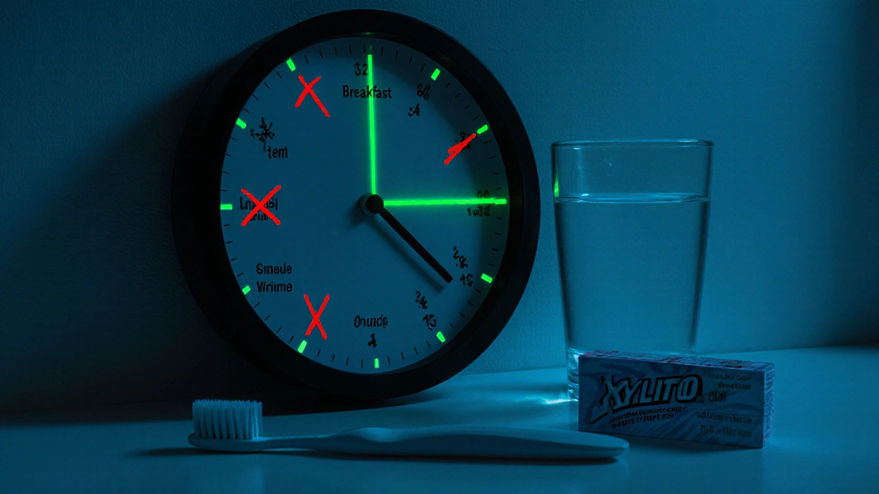 Hodiny s označenými třemi jídy a vyloučenými svačinami pro prevenci plaku.