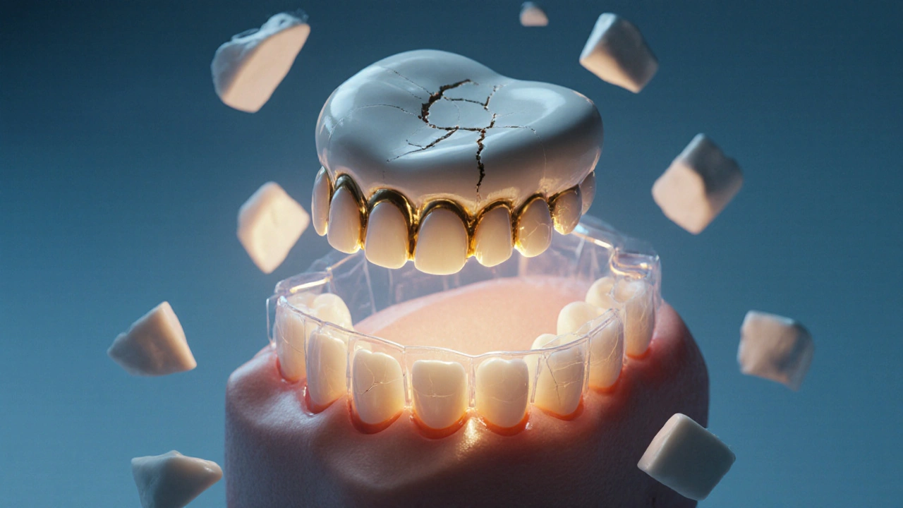 Keramická korunka nad čelistí s rozbitými fragmenty a ochrannou štěticí.