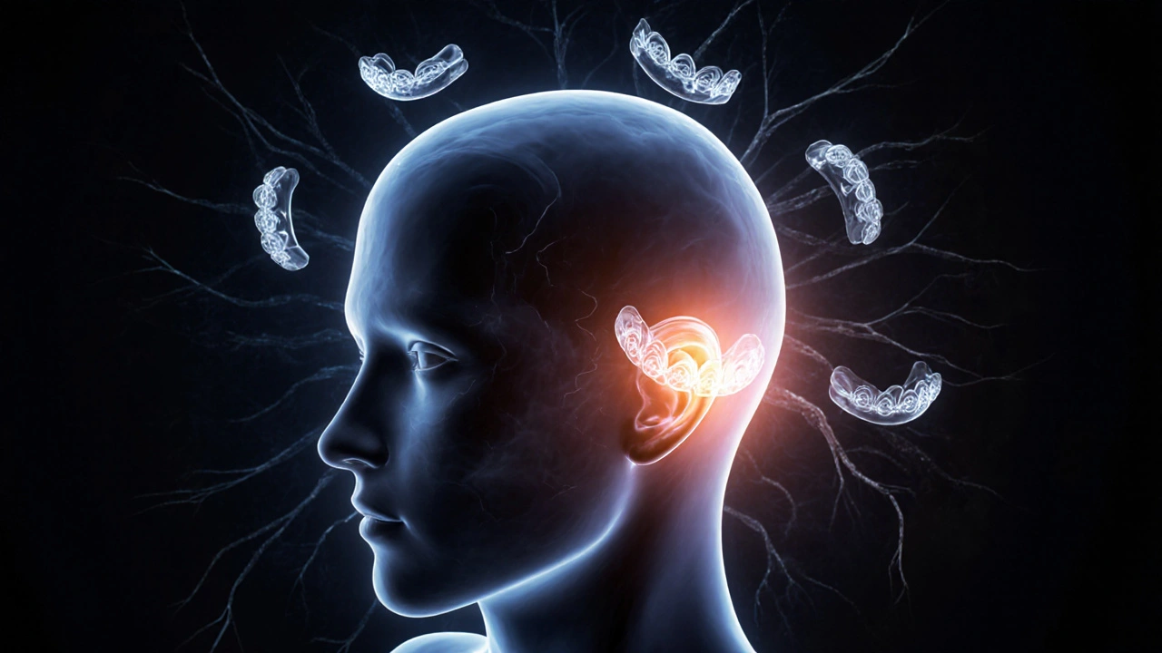 Konceptuální obrázek čelisti s osvětleným kloubem a průhlednými rovnátky v okolí.
