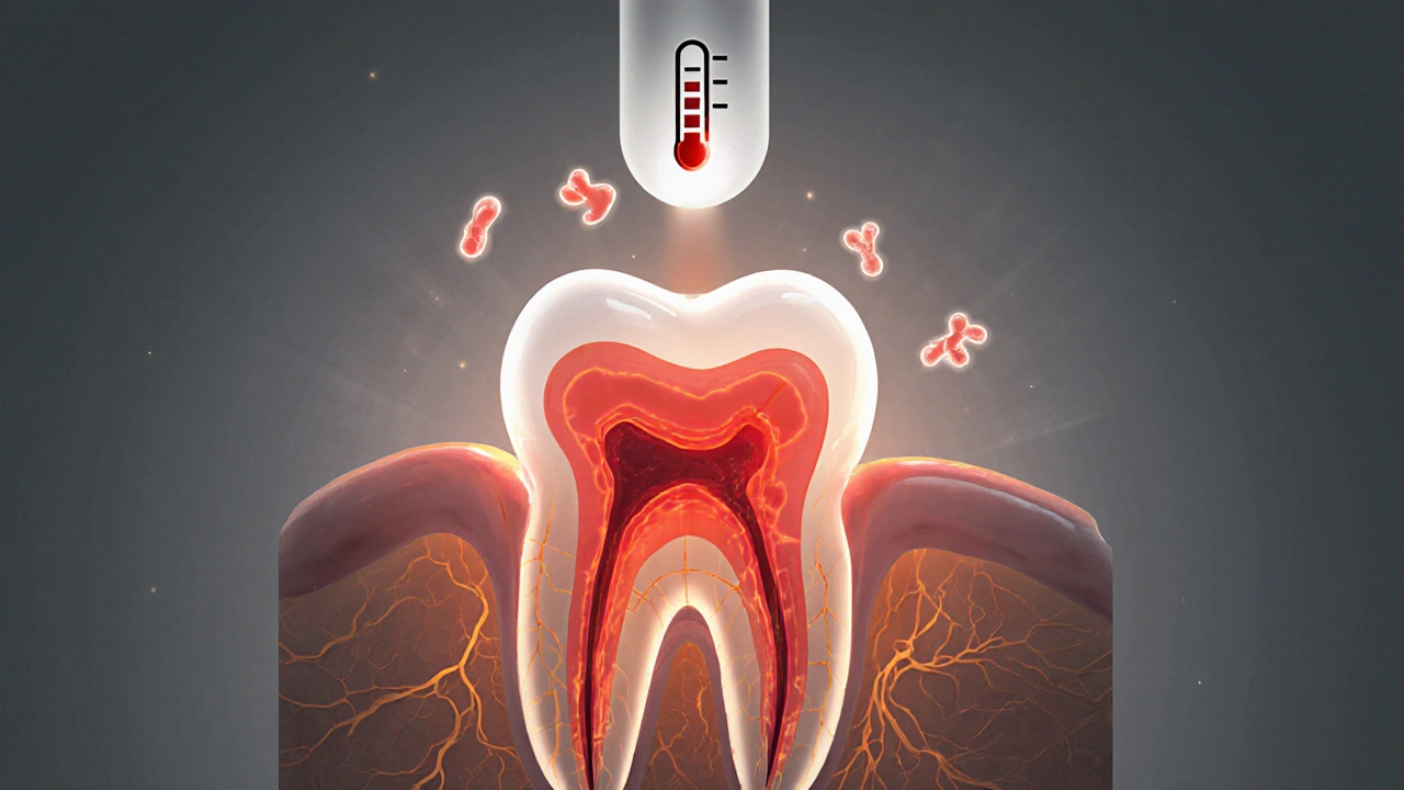 Křížový řez čelisti s hnisavou infekcí v kořeni zubu a šířícími se bakteriemi.