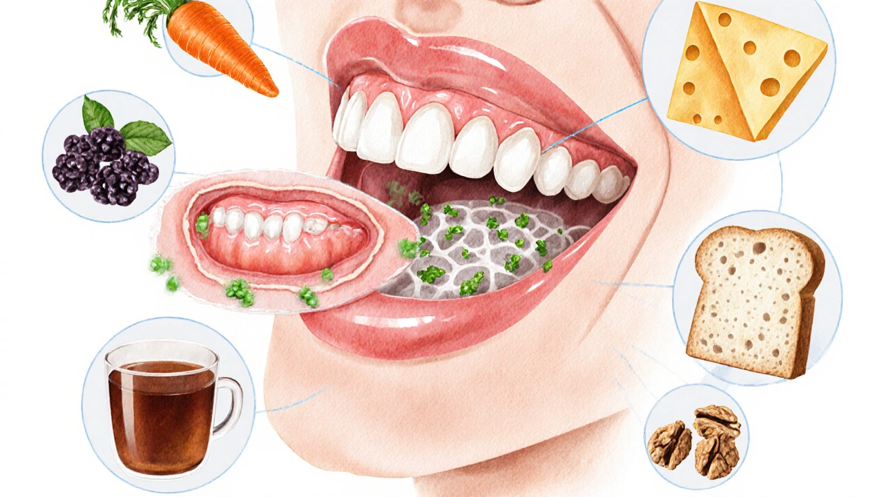 Křížový řez úst s bakteriemi a ochrannými potravinami proti zubnímu plaku.