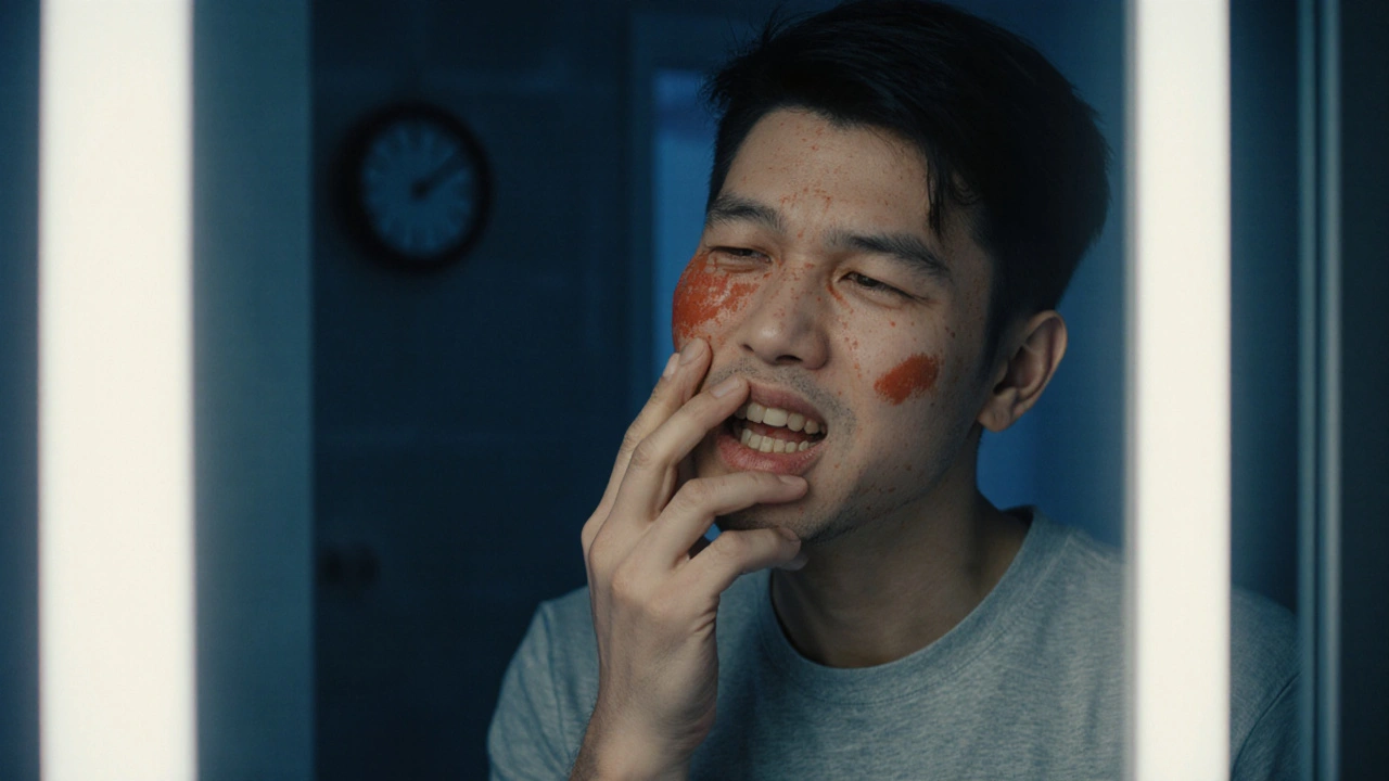Muž drží tvář v bolesti, viditelný otok a odlesk hnisu ve zrcadle.