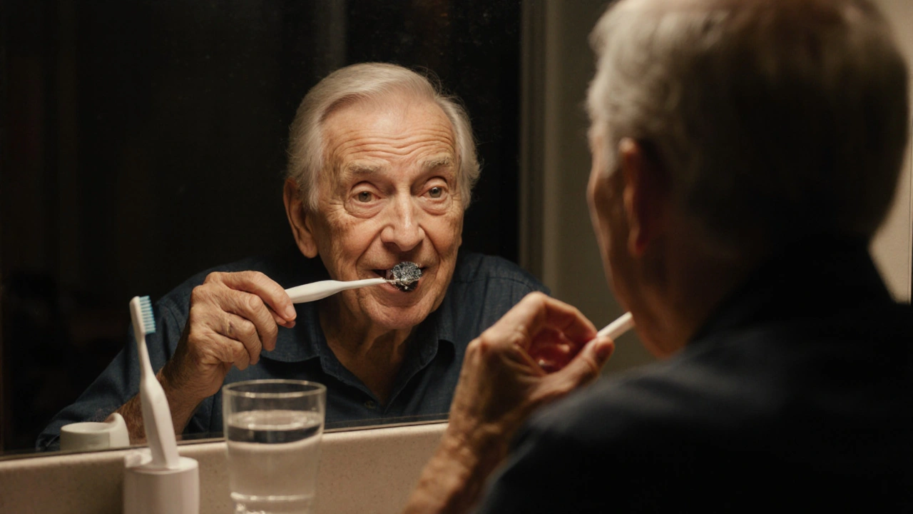 Muž používá mezizubní kartáček před zrcadlem večer.