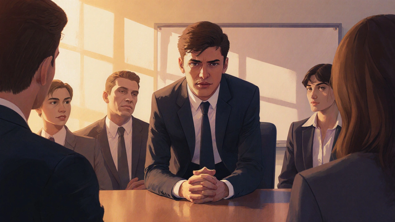 Muž v kanceláři se snaží neukázat zuby při hovoru.