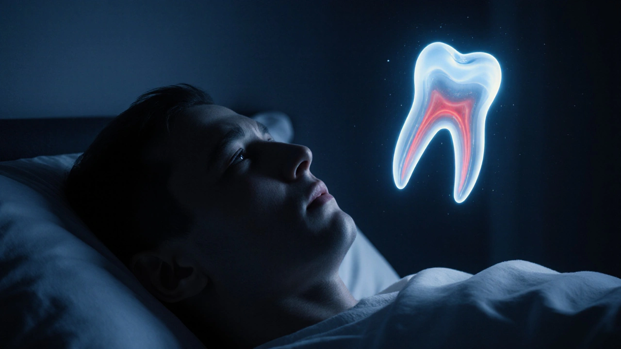 Nocí bolest zubu se projevuje jako pulzující vlny bolesti v čelisti a hlavě.
