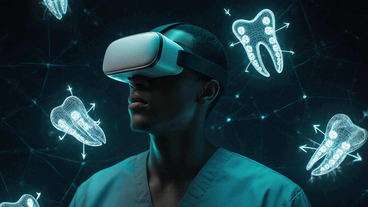 Ortodont v virtuální realitě manipuluje s pohybujícími se zuby v digitálním prostředí.