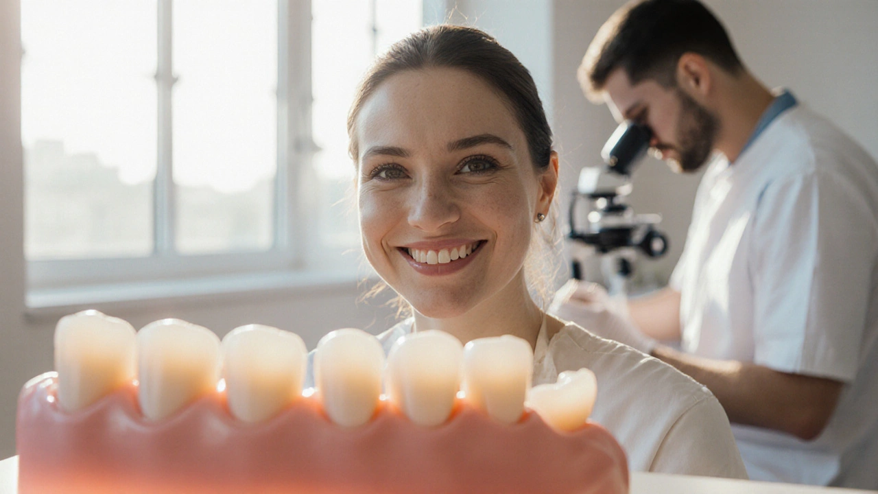 Pacient s úsměvem z obličeje s osmími keramickými fazetami v moderní zubní klinice.