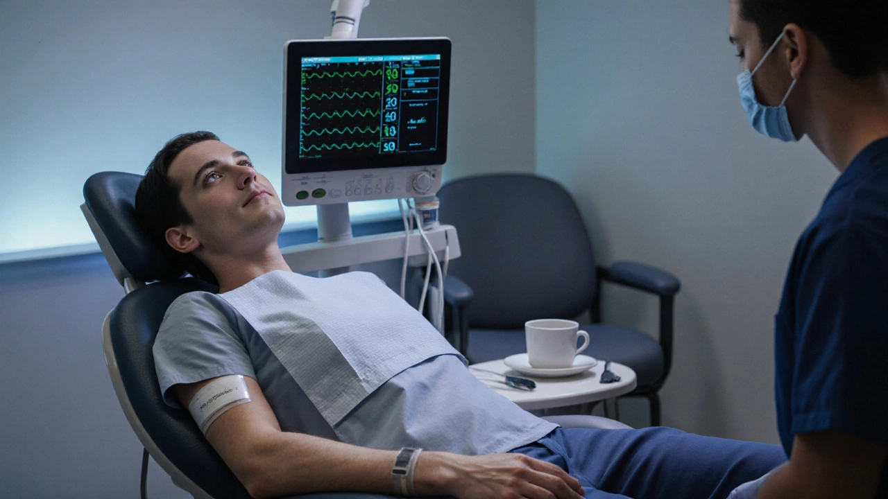 Patient in sedation during dental treatment, monitored by medical equipment in a quiet room.