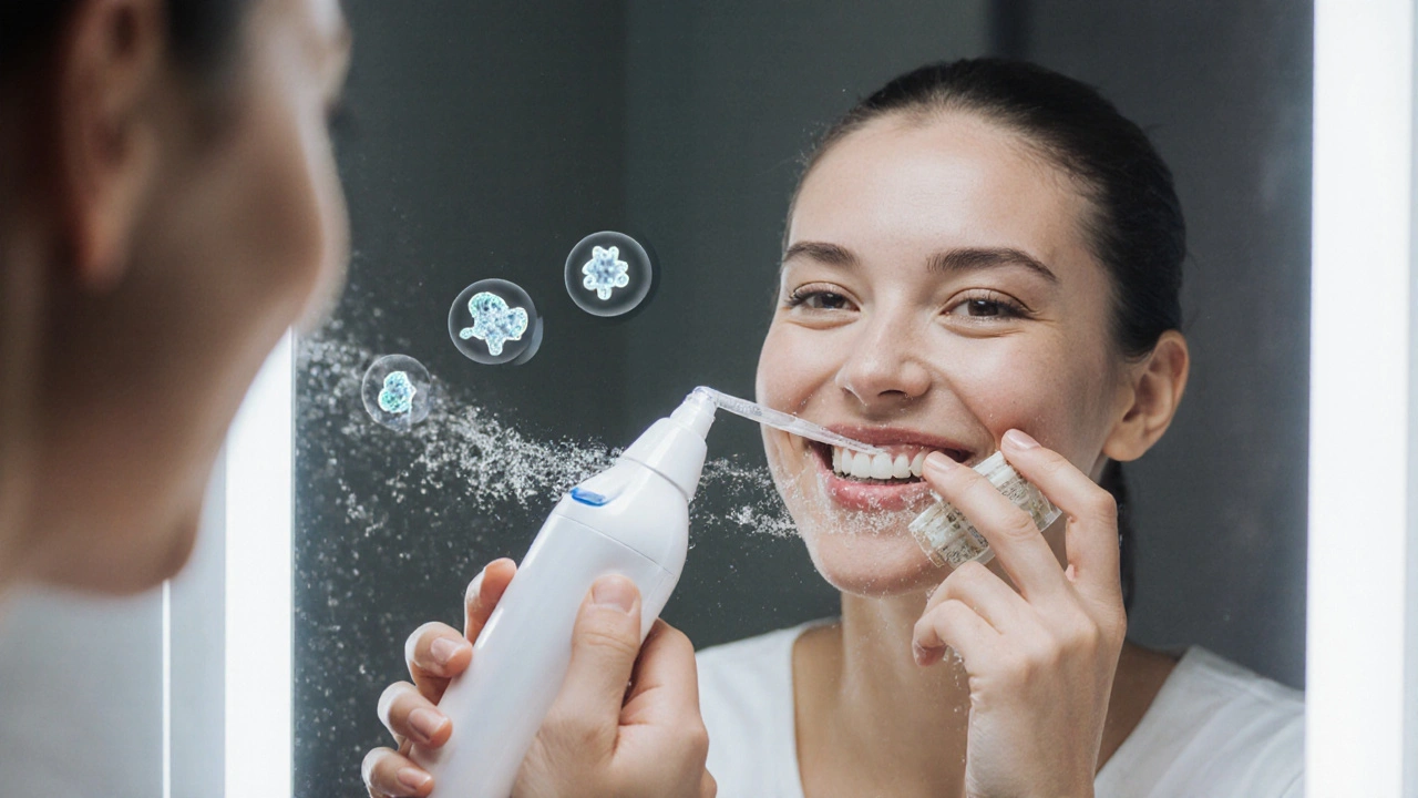 Person using water flosser to clean around dental prosthesis, with water stream removing debris.