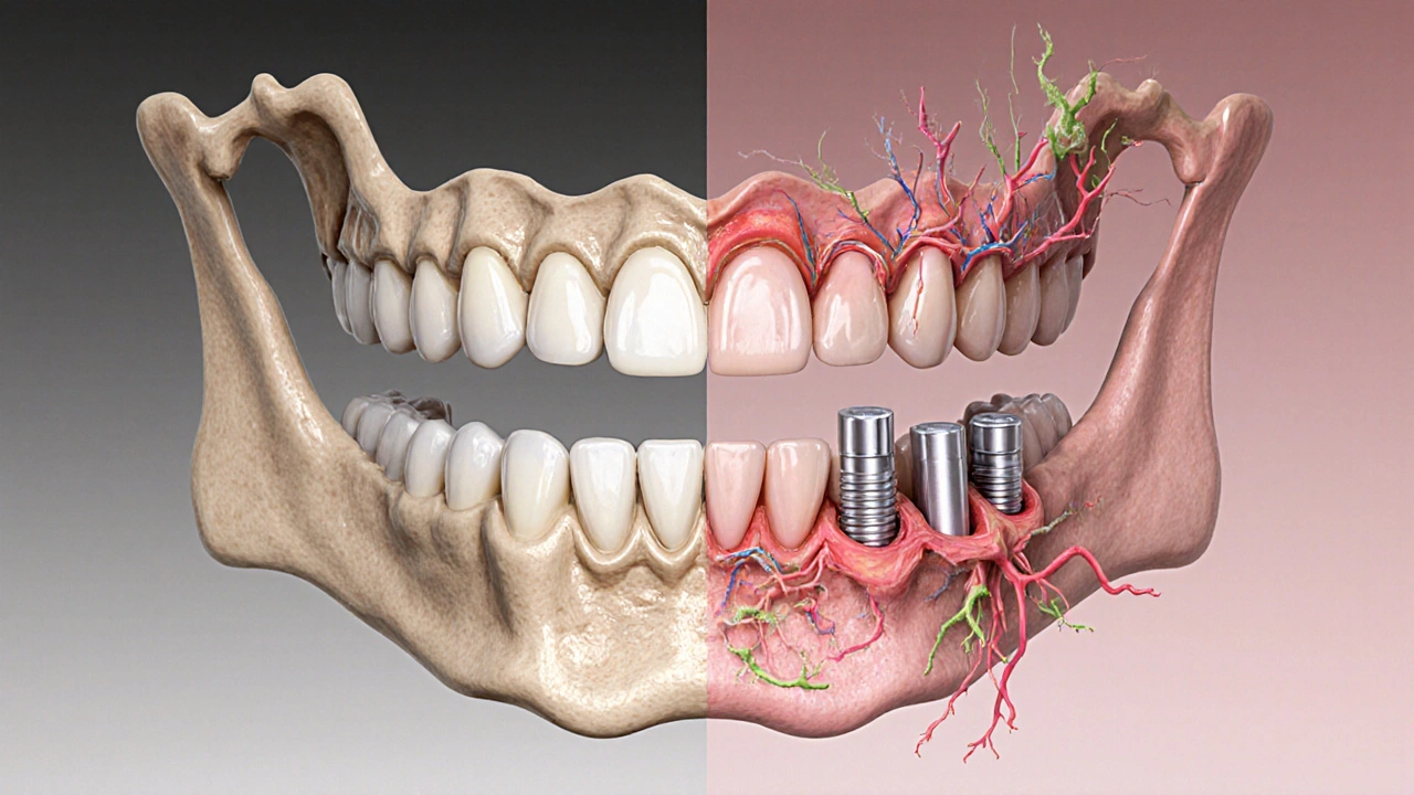 Porovnání atrofické a regenerované čelisti s implantáty, symbolizující obnovu kosti po léčbě.