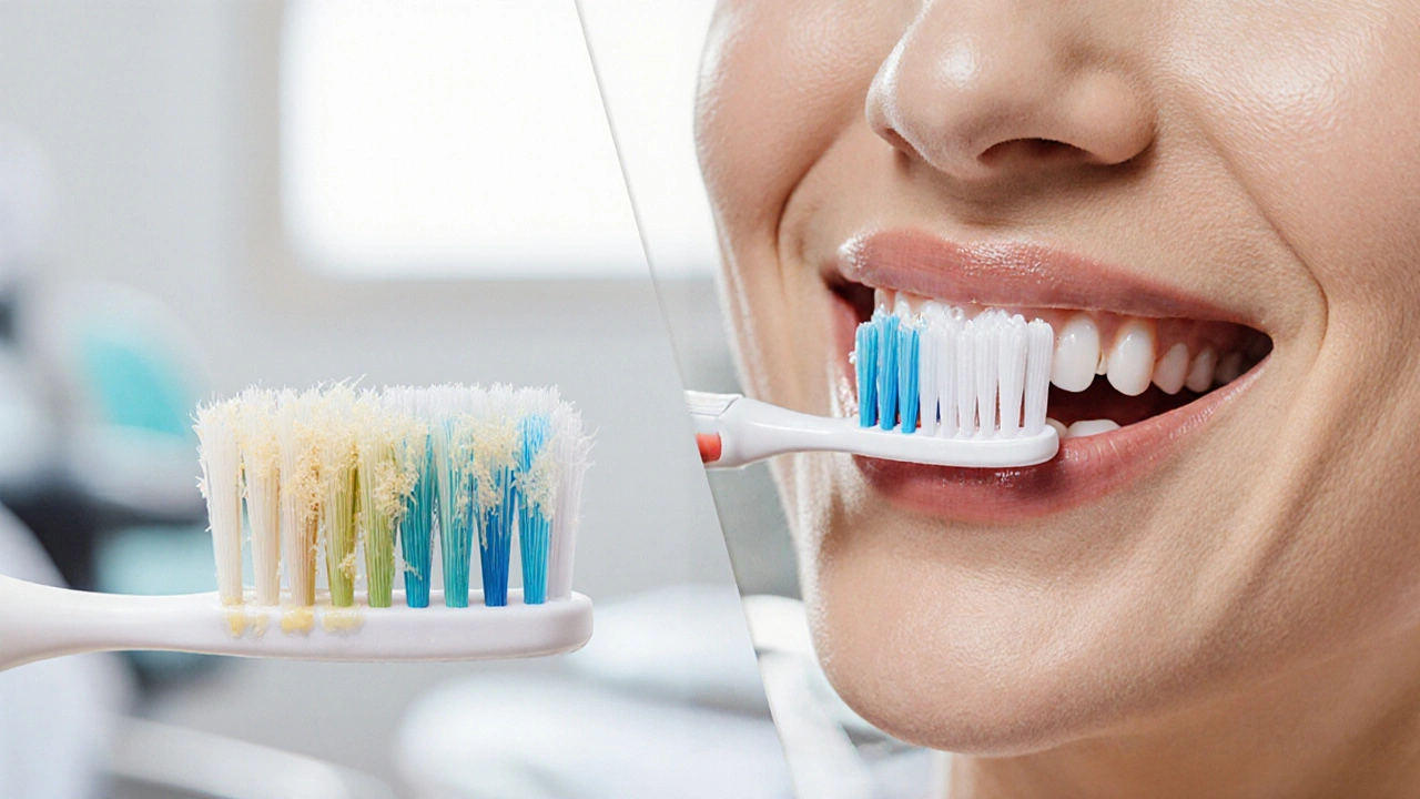 Porovnání běžného a Curaprox kartáčku: jeden odstraňuje plak, druhý ho hromadí.