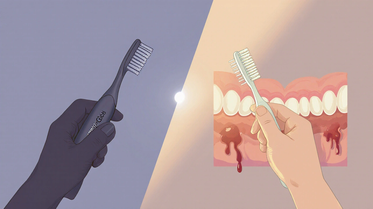 Porovnání Curaprox kartáčku a běžného kartáčku s poškozenými štětinami.