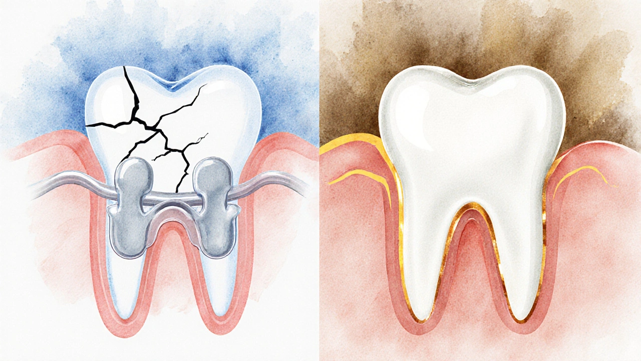 Porovnání poškozeného zubu s příchytkou a zubu s korunkou na pozadí.