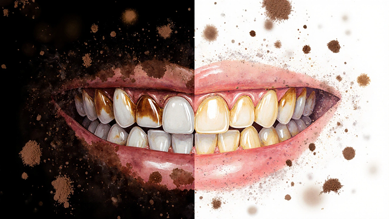 Porovnání zubů před a po pískování: tmavé skvrny vs. bělající se povrch.