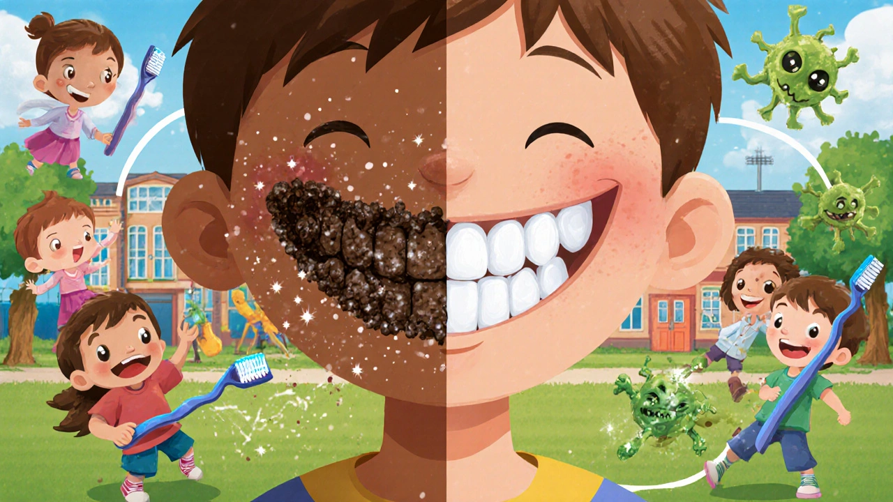 Před a po: tmavý zubní kámen mizí z dětských zubů, když se objeví zářivý úsměv.